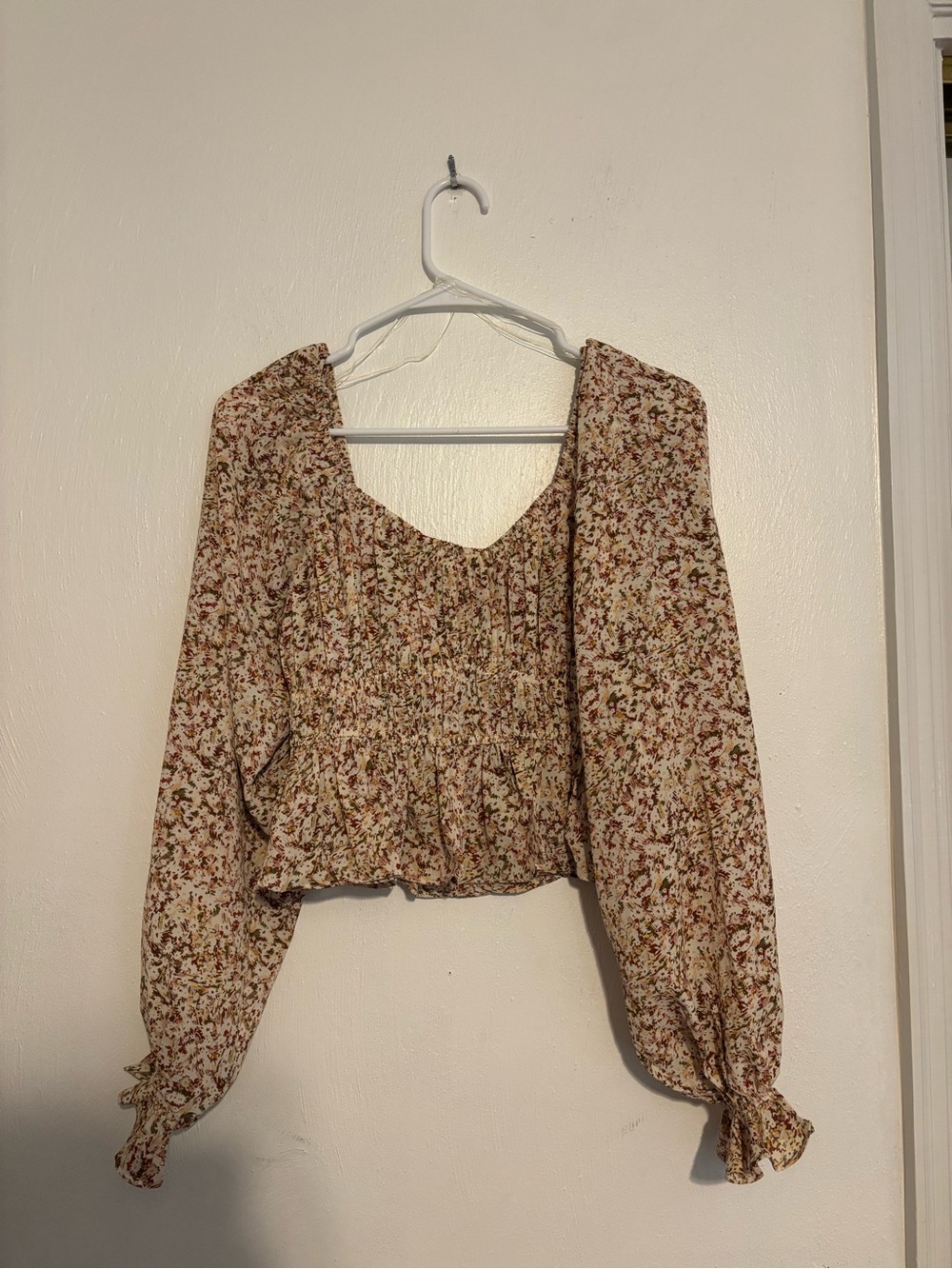Altar'd State Floral Smocked Peasant Blouse - Cream/Brown